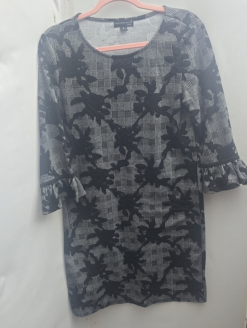 Black Floral Plaid Shift Dress with Ruffle Sleeves - Women
